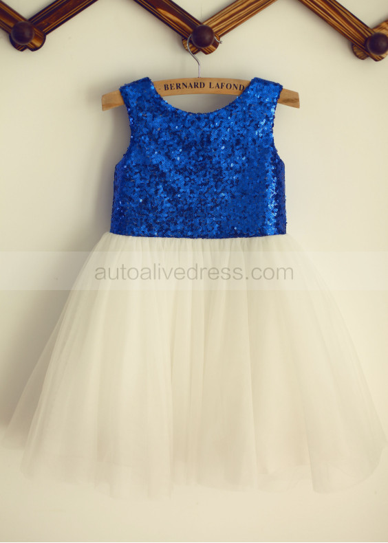 Royal Blue Sequin Tulle Knee Length Flower Girl Dress